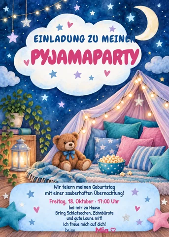 Einladung zur Pyjamaparty mit Kuschelzelt, Lichterkette und Teddy