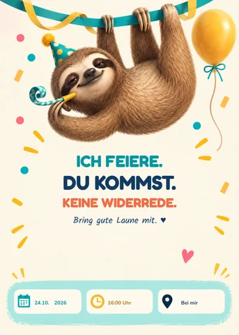 Einladungskarte: Faultier mit Partyhut, Text „Ich feiere. Du kommst. Keine Widerrede.“ mit Datum, Uhrzeit und Ort