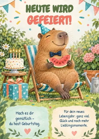 Geburtstagskarte: Capybara im Liegestuhl mit Wassermelone, Überschrift „Heute wird gefeiert!“