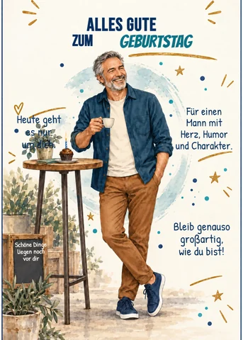 Geburtstagskarte für einen Mann: gut gelaunter Herr mit Kaffeetasse, „Alles Gute zum Geburtstag“