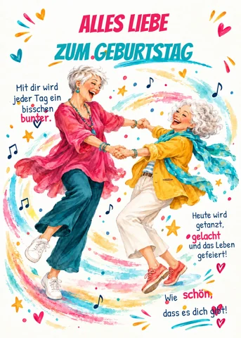 Geburtstagskarte: zwei ältere Freundinnen tanzen fröhlich, „Alles Liebe zum Geburtstag“