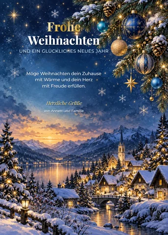 Weihnachtskarte: verschneites Winterdorf am See unter Sternenhimmel, „Frohe Weihnachten“