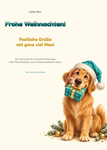 Weihnachtskarte: Golden Retriever mit Weihnachtsmütze und Geschenk im Maul, „Frohe Weihnachten!“